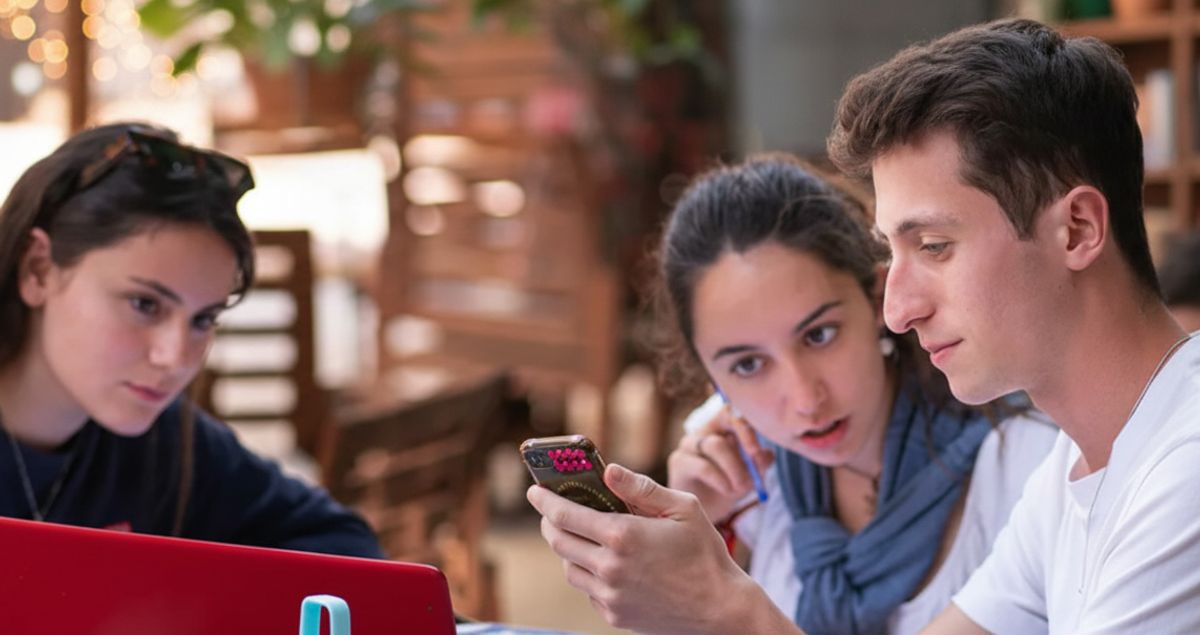 Tres jóvenes están sentados en una mesa, mirando atentamente un teléfono móvil mientras una laptop roja está abierta frente a ellos.