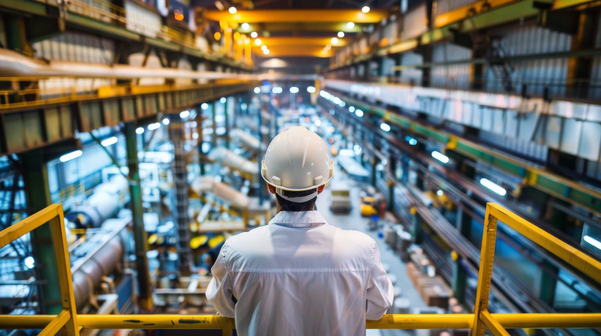 Un trabajador observa desde un balcón en una fábrica iluminada con maquinaria y materiales.
