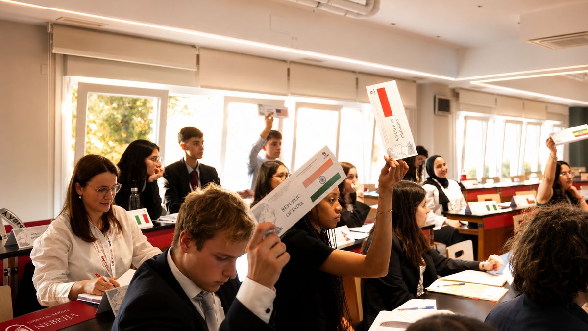 Un grupo de estudiantes en un aula levantando tarjetas durante una actividad de votación.
