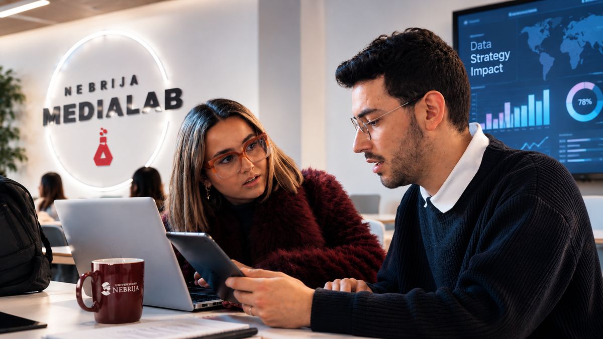 Una pareja de estudiantes colabora en un entorno moderno de trabajo, rodeados de tecnología y gráficos de datos.