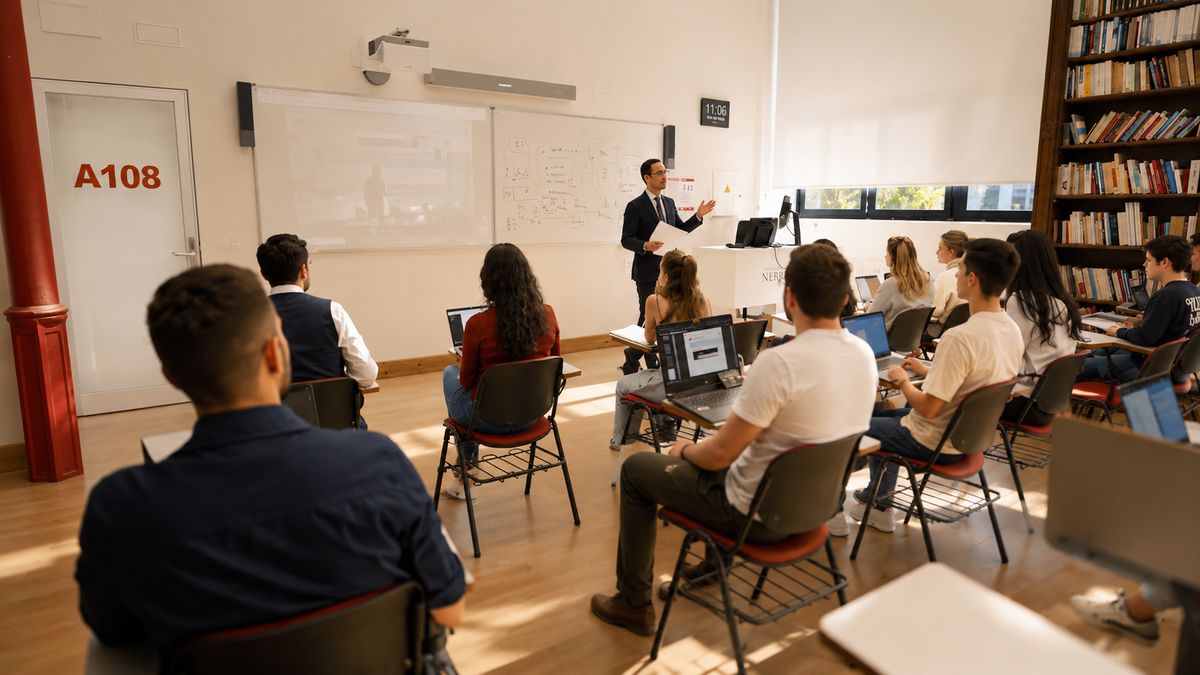 Un grupo de estudiantes escucha atentamente a un profesor en un aula moderna.