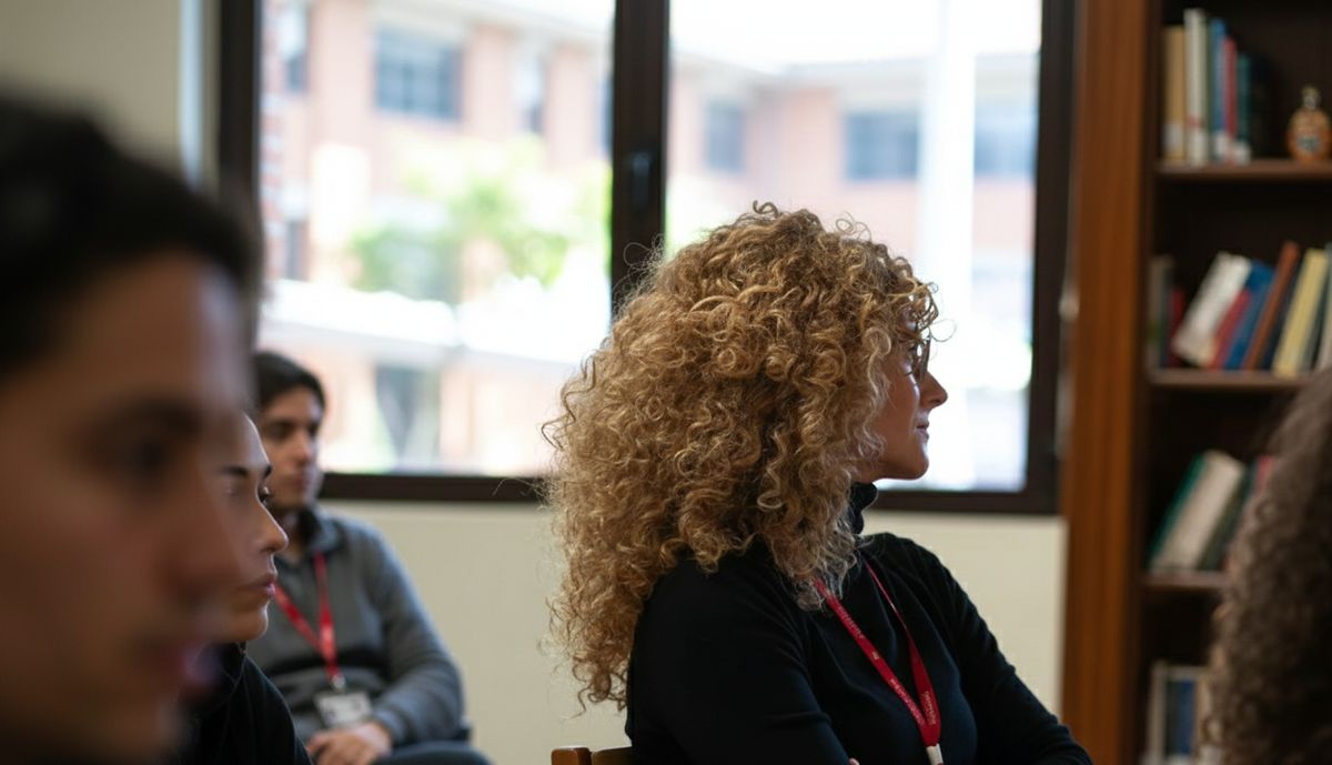 Una mujer con cabello rizado observa atentamente en un entorno interior con otras personas presentes.