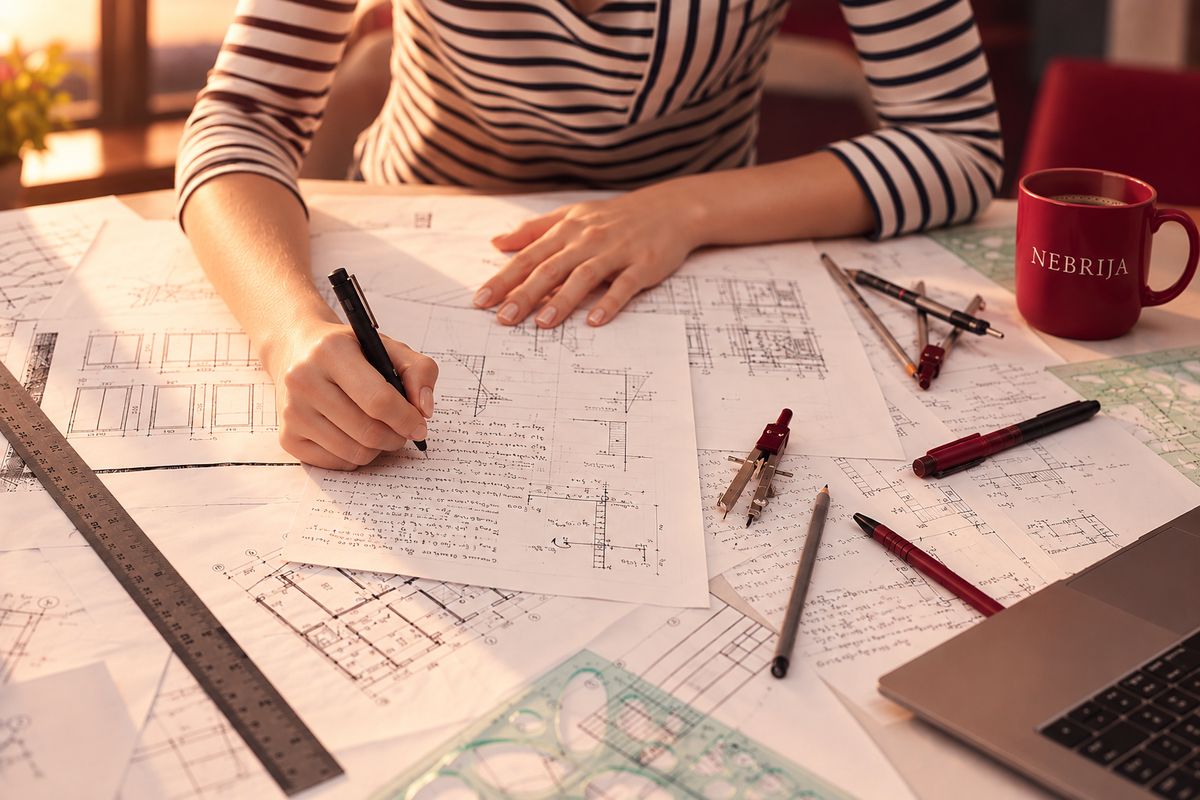Una persona está trabajando en un escritorio lleno de planos y herramientas de dibujo.