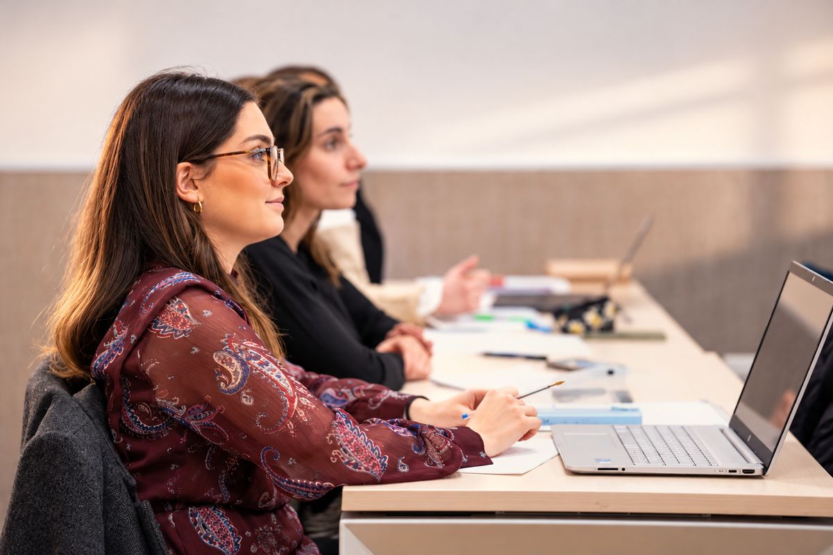 Dos mujeres sentadas en un entorno de oficina, una tomando notas y la otra en el fondo gesticulando.