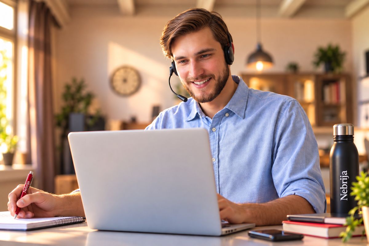 Un hombre sonriente con auriculares trabaja en su computadora portátil en un ambiente acogedor.