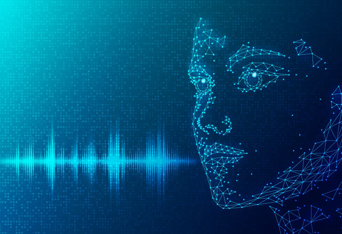 La imagen muestra un rostro humano diseñado con un patrón de puntos y líneas, acompañado de ondas sonoras en un fondo azul.