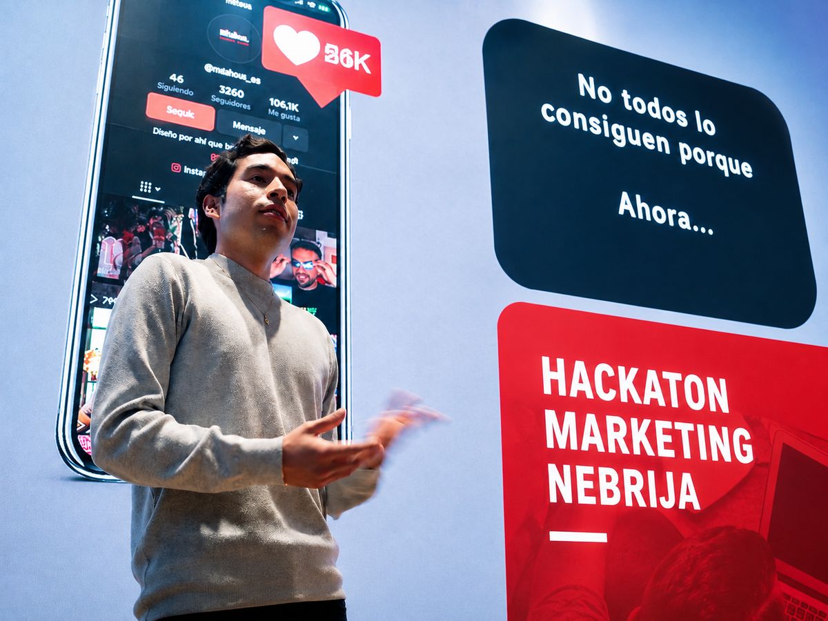 Un joven presenta sobre marketing digital en un evento relacionado con un hackathon.