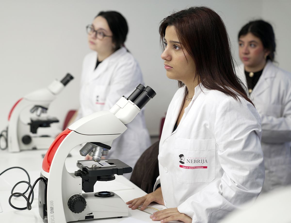 Estudiantes en un laboratorio observando a través de microscopios.