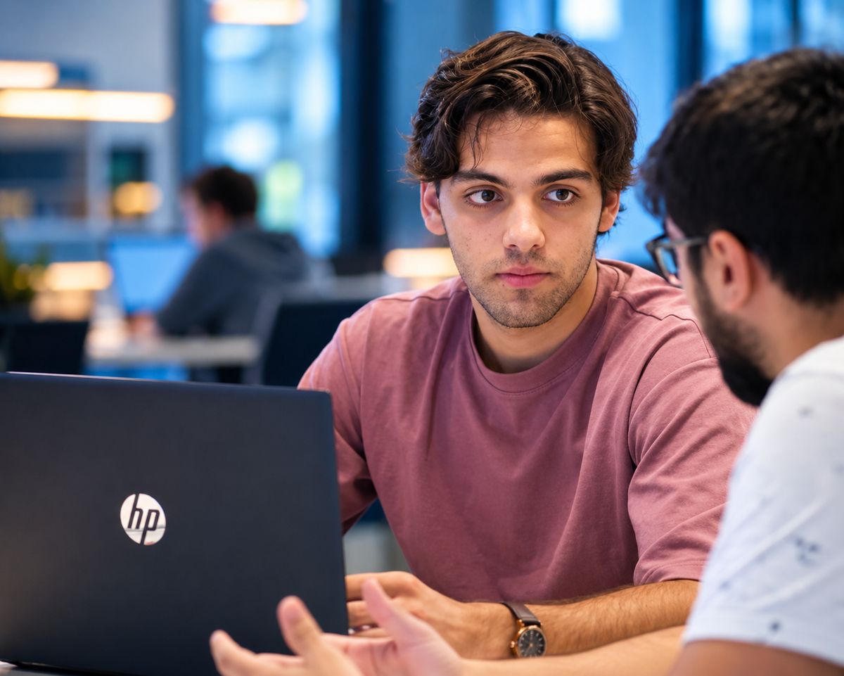 Dos jóvenes conversando en un entorno de trabajo moderno mientras utilizan una computadora portátil.