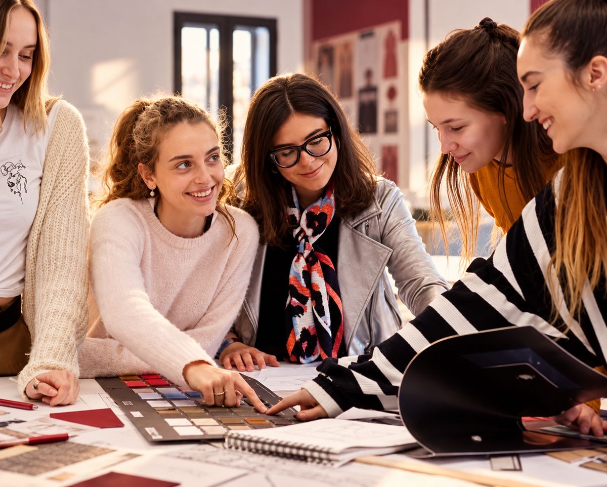 Un grupo de cinco jóvenes mujeres se reúnen alrededor de una mesa llena de muestras y materiales, discutiendo y colaborando en un proyecto creativo.