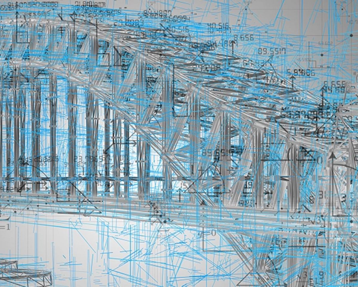 La imagen muestra un diseño arquitectónico de un puente con líneas y números en un estilo técnico.