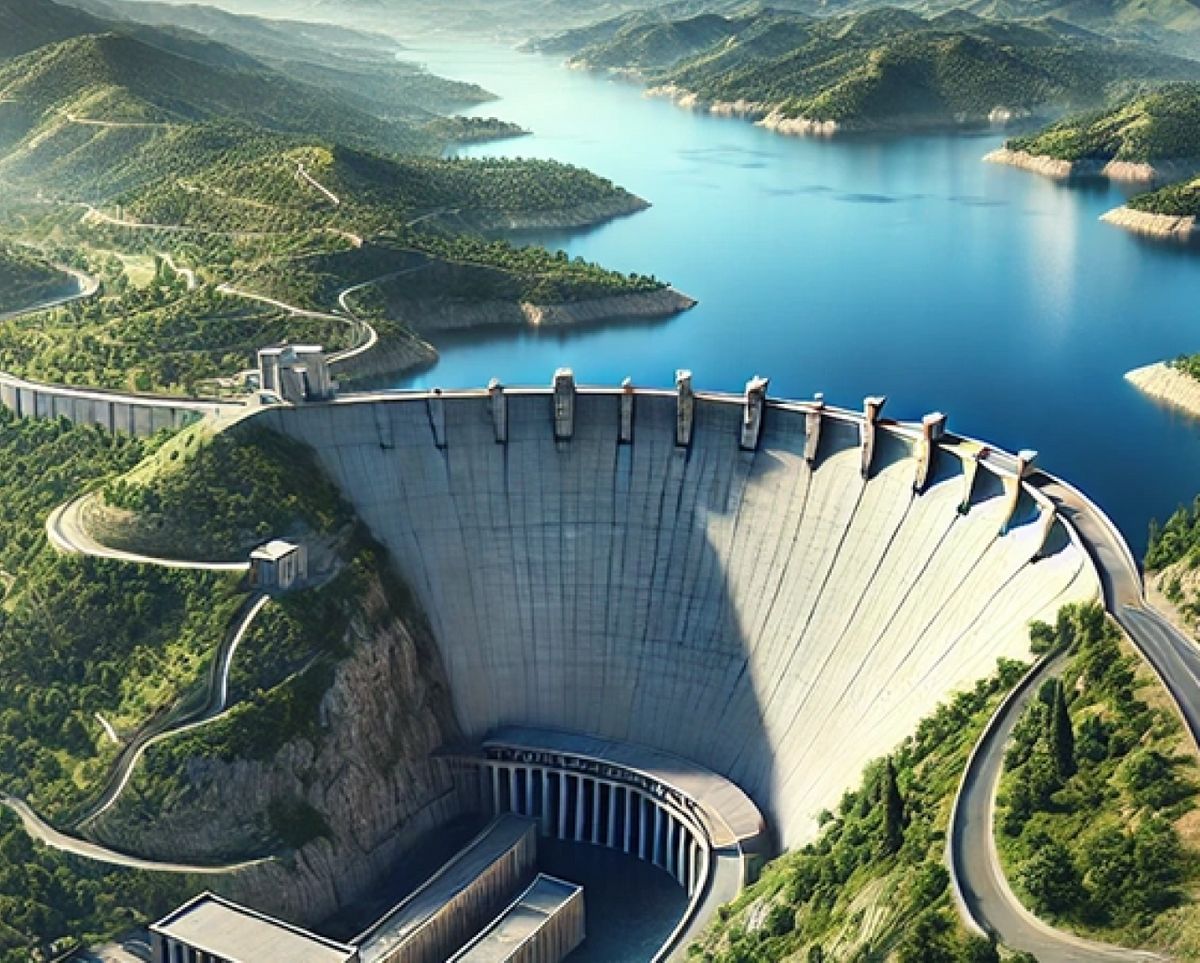 Una vista panorámica de una presa imponente rodeada de montañas y un lago sereno.