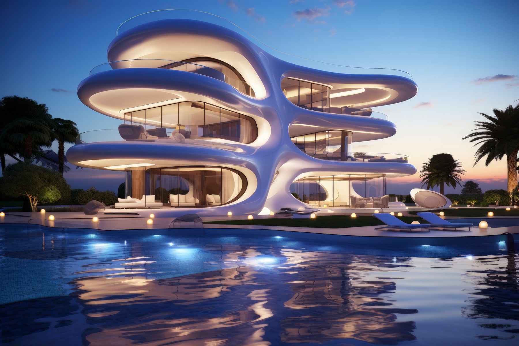 Una moderna casa de diseño futurista junto a una piscina iluminada al atardecer.