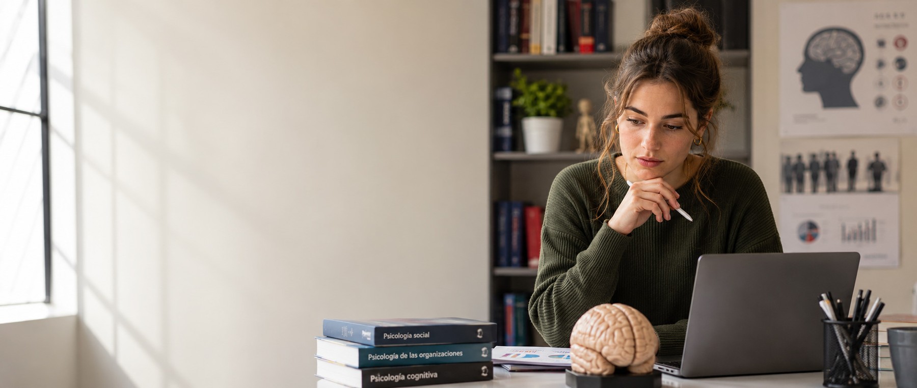 Una mujer se encuentra pensativa en un escritorio con libros sobre psicología y un modelo de cerebro.