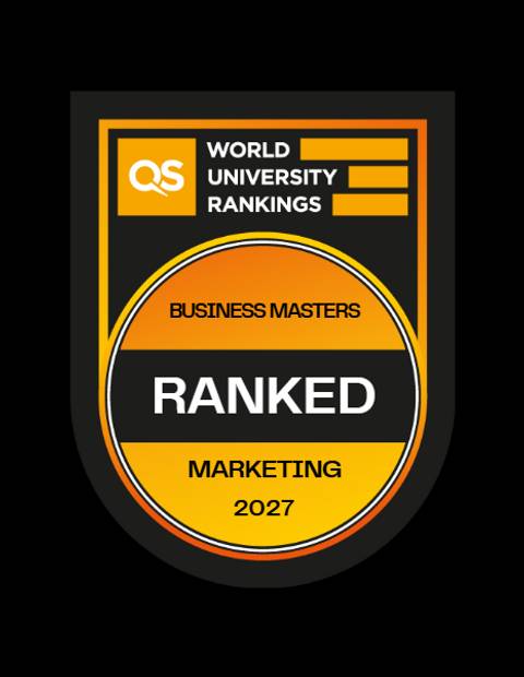 Insignia que muestra el ranking de los mejores programas de maestría en negocios, específicamente en marketing, para el año 2027.