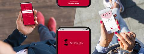 Varias personas usando dispositivos móviles con una interfaz de una aplicación de la Universidad Nebrija.