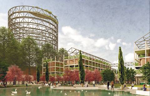 Una representación arquitectónica de un espacio urbano con estructuras modernas y paisajismo vibrante.