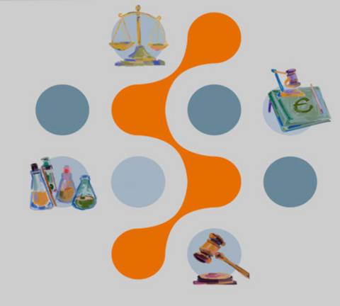 La imagen presenta varios símbolos relacionados con la justicia y la ley, incluyendo la balanza, un martillo de juez y frascos de laboratorio.