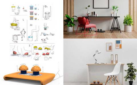 La imagen presenta un diseño conceptual de muebles y utensilios de cocina que combinan creatividad y funcionalidad.