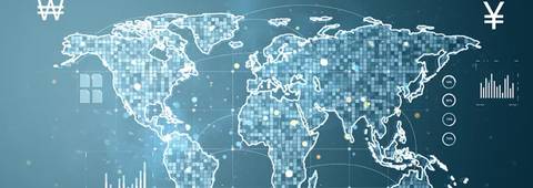 Mapa del mundo con un diseño digital y elementos gráficos que representan datos financieros.