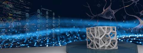 Una representación tridimensional de una estructura compleja en un fondo tecnológico con elementos de redes neuronales y datos.