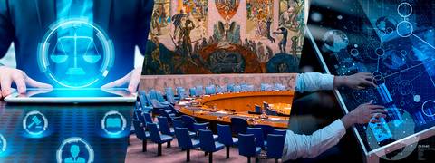 La imagen muestra un montaje que incluye símbolos de justicia, un mural artístico, y una sala de conferencias con tecnología digital.