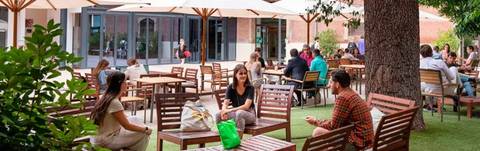Un grupo de personas se reúne en un ambiente al aire libre con mesas y sillas de madera bajo sombrillas.