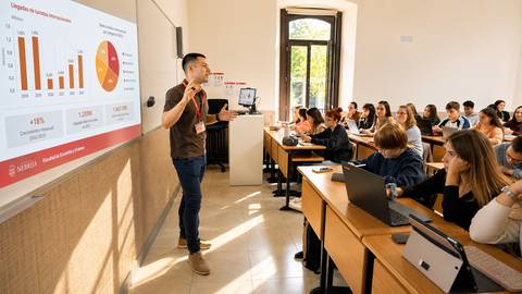 Un profesor presenta datos en una clase llena de estudiantes atentos.