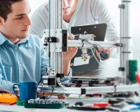 Un hombre trabaja en una impresora 3D mientras otro observa y sostiene una tablet.