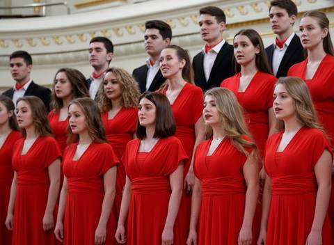 Un grupo de personas vestidas con vestidos rojos canta en un escenario.