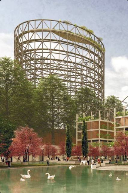 Una imagen de un edificio moderno con estructura de acero rodeado de árboles y un estanque.