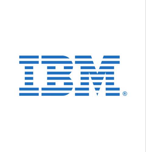 Logotipo de IBM con líneas horizontales en azul y letras en mayúsculas.