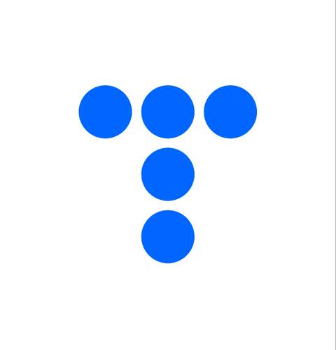 La imagen muestra un diseño minimalista con círculos azules dispuestos en forma de letra T sobre un fondo blanco.