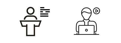 La imagen presenta dos íconos: uno de un presentador en un estrado y otro de una persona trabajando en una computadora.
