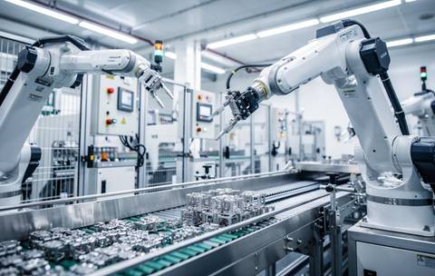 La imagen muestra un entorno industrial con brazos robóticos trabajando en una línea de producción.