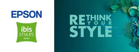Un diseño gráfico que presenta los logos de Epson e Ibis Styles junto con el texto 'RETHINK YOUR STYLE'.
