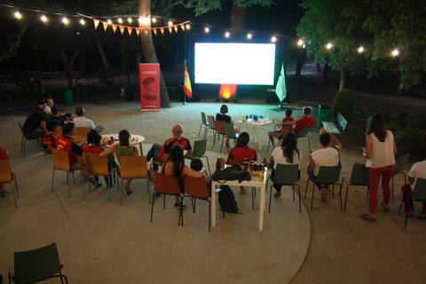 Un grupo de personas está viendo una proyección al aire libre en un ambiente festivo.