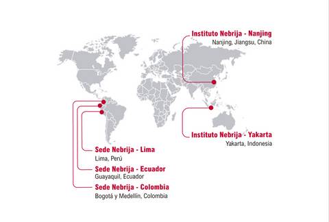 Mapa que muestra las sedes del Instituto Nebrija en diferentes países.