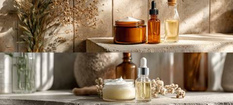 Un conjunto de productos de cuidado de la piel dispuestos sobre una superficie natural, incluyendo frascos de aceites y cremas.