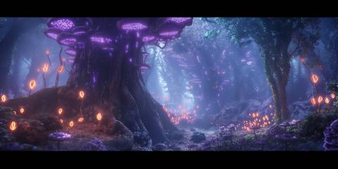 Un bosque mágico iluminado por hongos y flores brillantes en un ambiente etéreo.