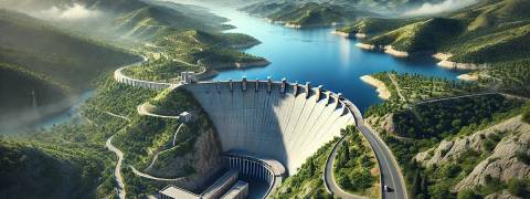 La imagen muestra una represa rodeada de un paisaje montañoso y un lago sereno.