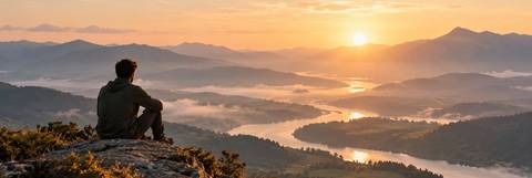 Un hombre observa un hermoso amanecer desde una cima montañosa con vistas a un río y un paisaje montañoso.