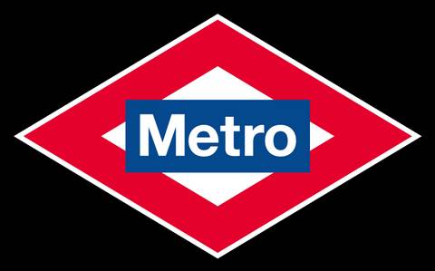 Logo del metro con un fondo rojo y un rectángulo azul que dice 'Metro'.