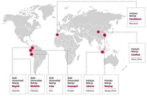 Mapa que muestra las sedes de la Universidad Nebrija en diferentes países del mundo.