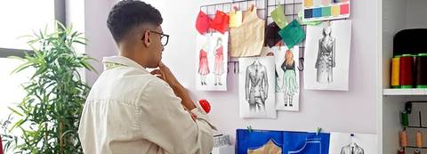 Una persona observa diseños de moda en una pared adornada con bocetos y muestras de tela.