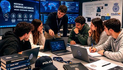 Un grupo de estudiantes participa en un máster sobre ciberdelincuencia en un entorno tecnológico