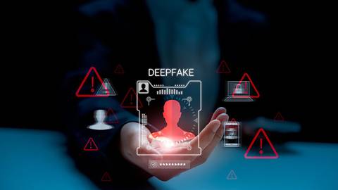 La imagen muestra una mano sosteniendo un gráfico relacionado con deepfakes, rodeado de símbolos de advertencia