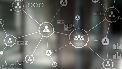La imagen muestra un diagrama de conexiones sociales y organizaciones representadas mediante íconos de personas y gráficos de datos.