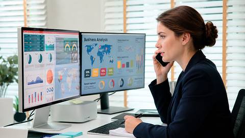 Una profesional analiza datos en una oficina moderna utilizando dos monitores