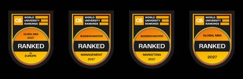Cuatro insignias que indican los rankings de universidades del 2027 en Europa y en diversas categorías de maestrías en negocios.